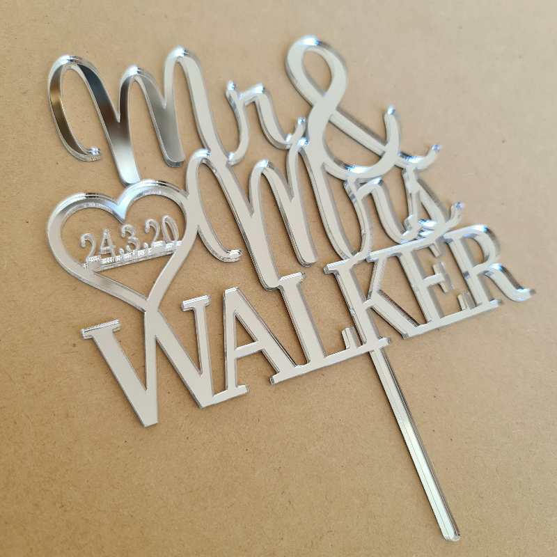 Custom Mr & Mrs Name Wedding Cake Topper - Walker Heart with Date