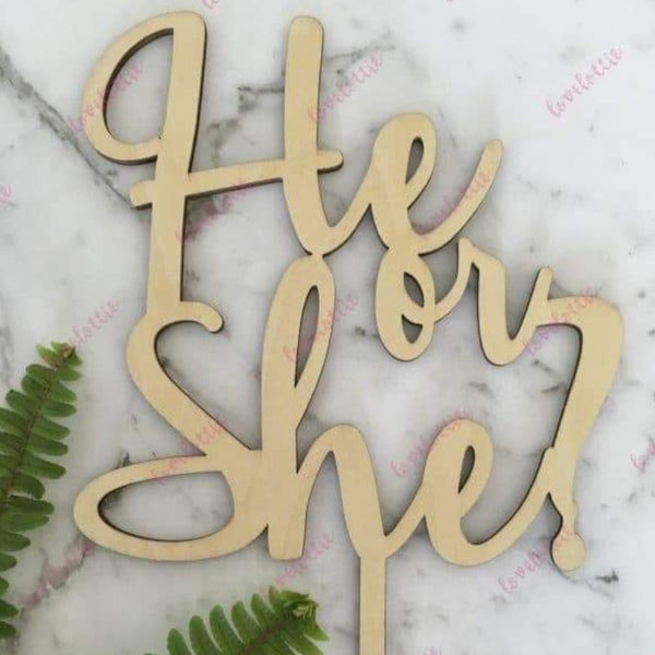 He Or She Rustic Wood Baby Gender Reveal Cake Topper