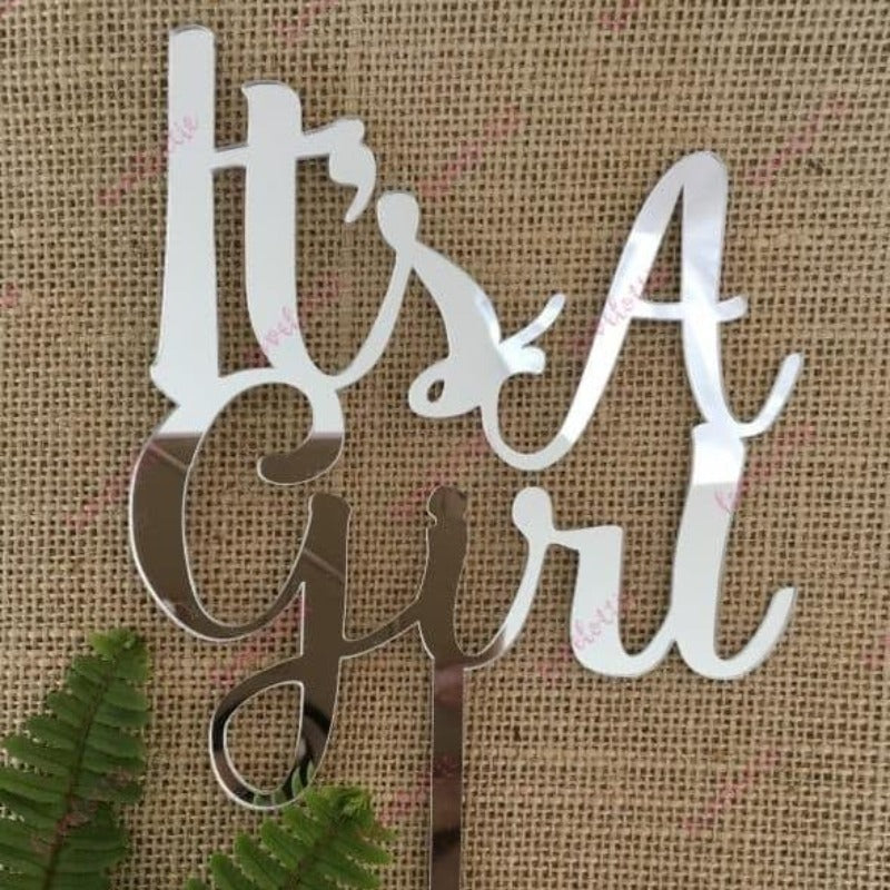 It's A Girl Acrylic Silver Mirror Baby Shower Cake Topper