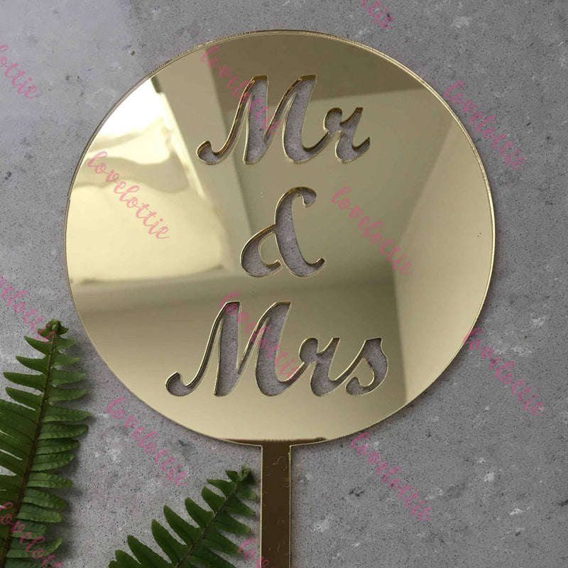 Mr &amp; Mrs Acrylic Gold Mirror Round Wedding Cake Topper