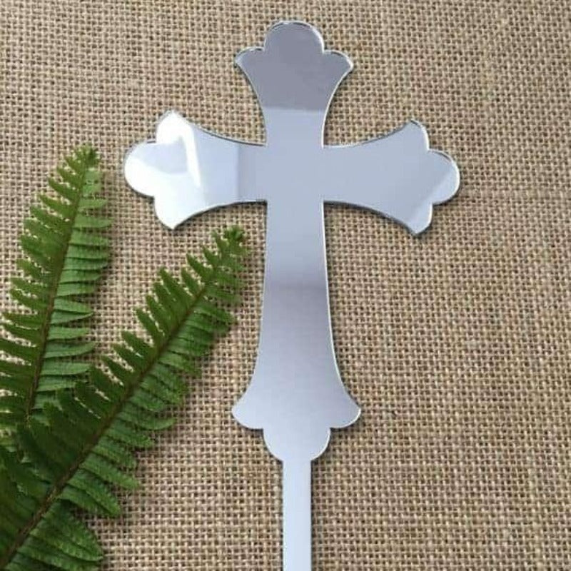 Cross Acrylic Silver Mirror Christening Baptism Cake Topper