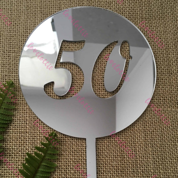 50th Birthday Acrylic Silver Mirror Round Cake Topper
