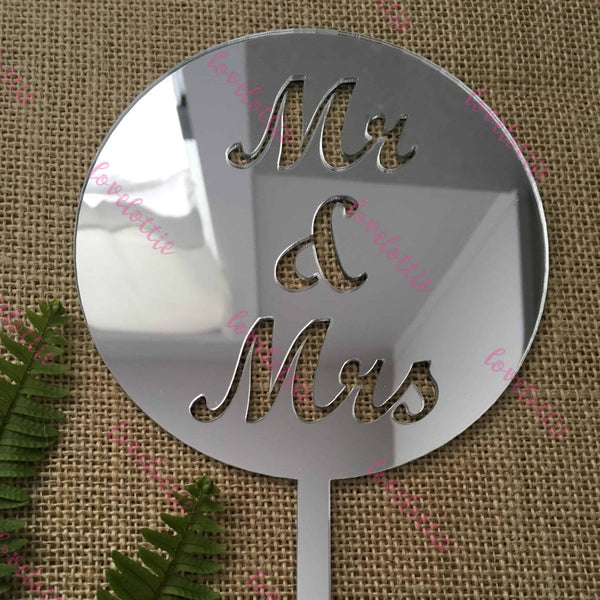Mr &amp; Mrs Acrylic Silver Mirror Round Wedding Cake Topper