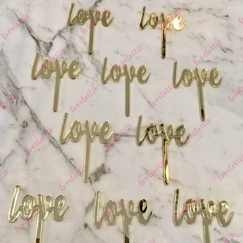 10 x Love Acrylic Gold Mirror Cupcake Topper For Wedding and Engagement