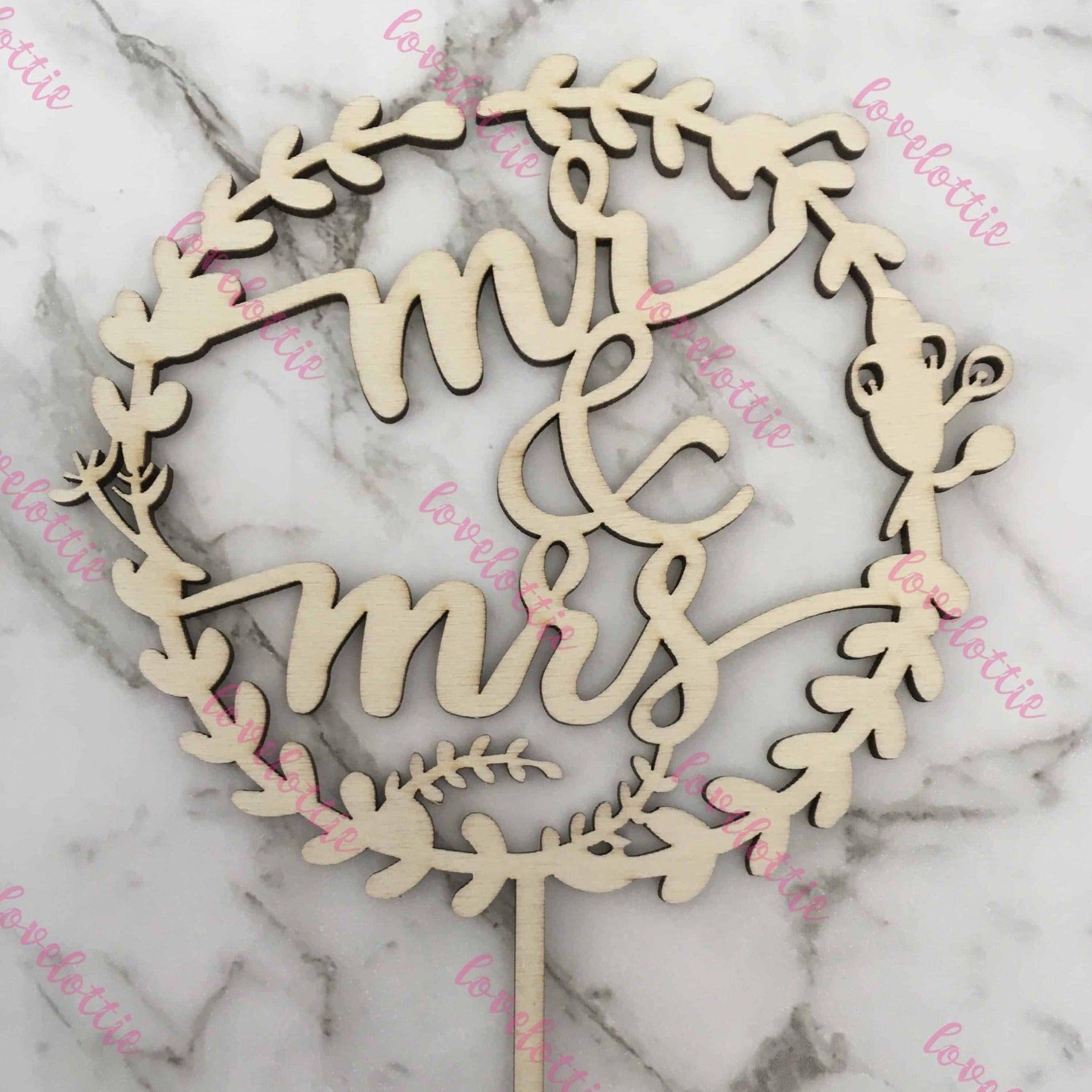 Mr &amp; Mrs Flower Halo Rustic Wood Wedding Cake Topper