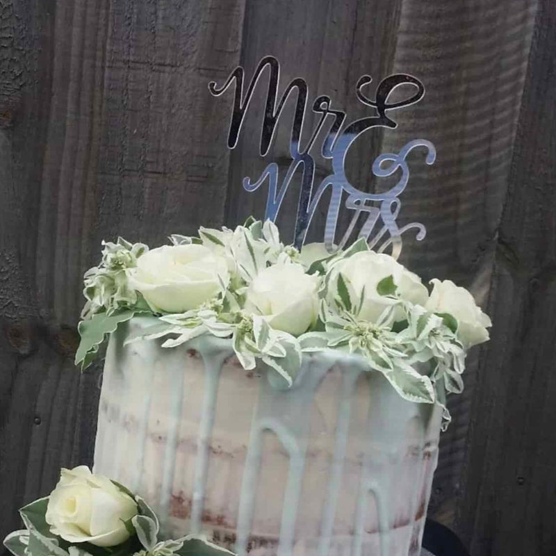 Mr &amp; Mrs (two lines) Acrylic Silver Mirror Wedding Cake Topper