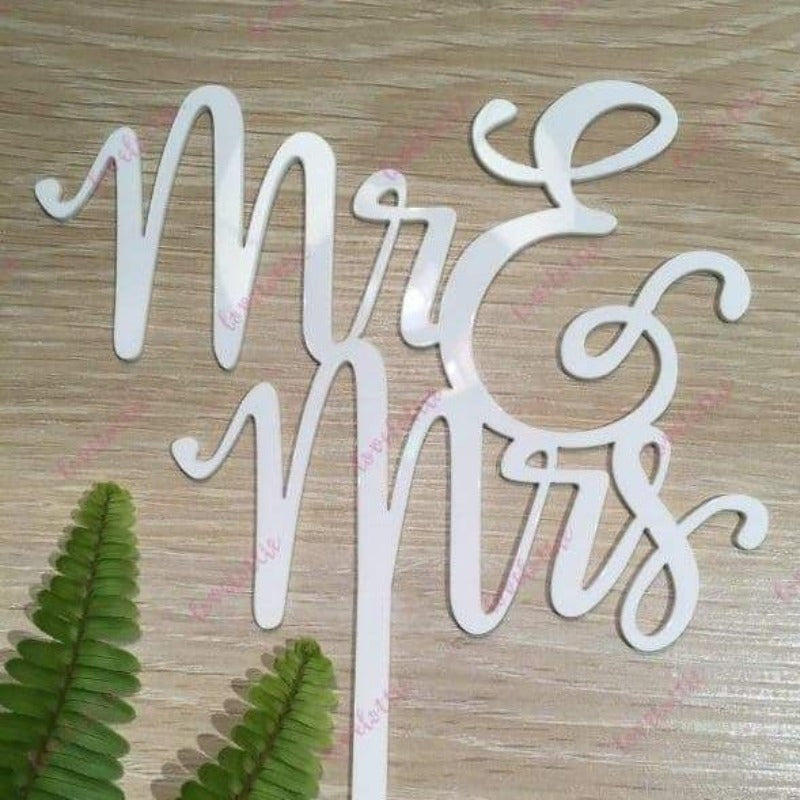 Mr &amp; Mrs (two lines) Acrylic White Gloss Wedding Cake Topper