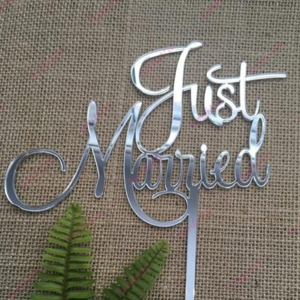 Just Married Acrylic Silver Mirror Wedding Cake Topper