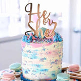 He Or She Acrylic Gold Mirror Baby Gender Reveal Cake Topper