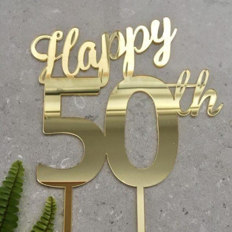 Happy 50th Birthday Cake Topper Acrylic Gold Mirror