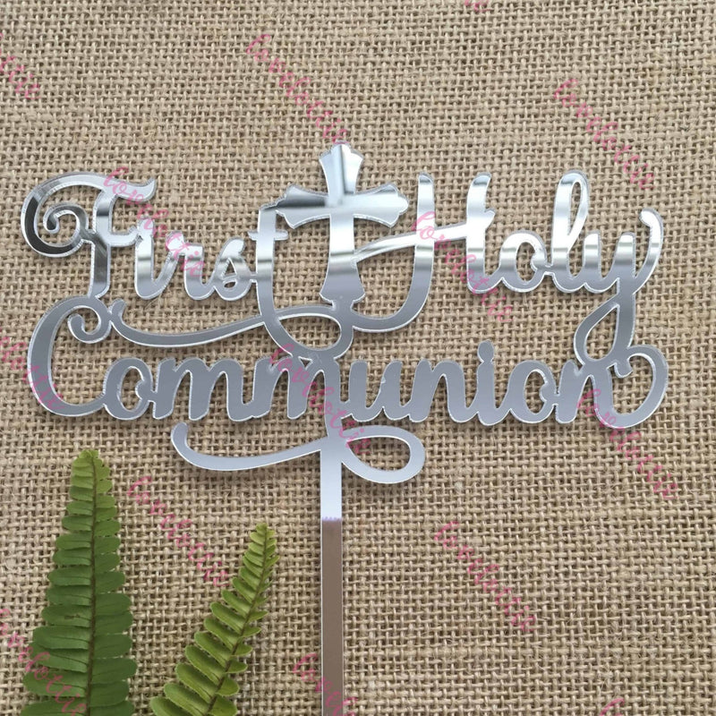 First Holy Communion Acrylic Silver Mirror Cake Topper