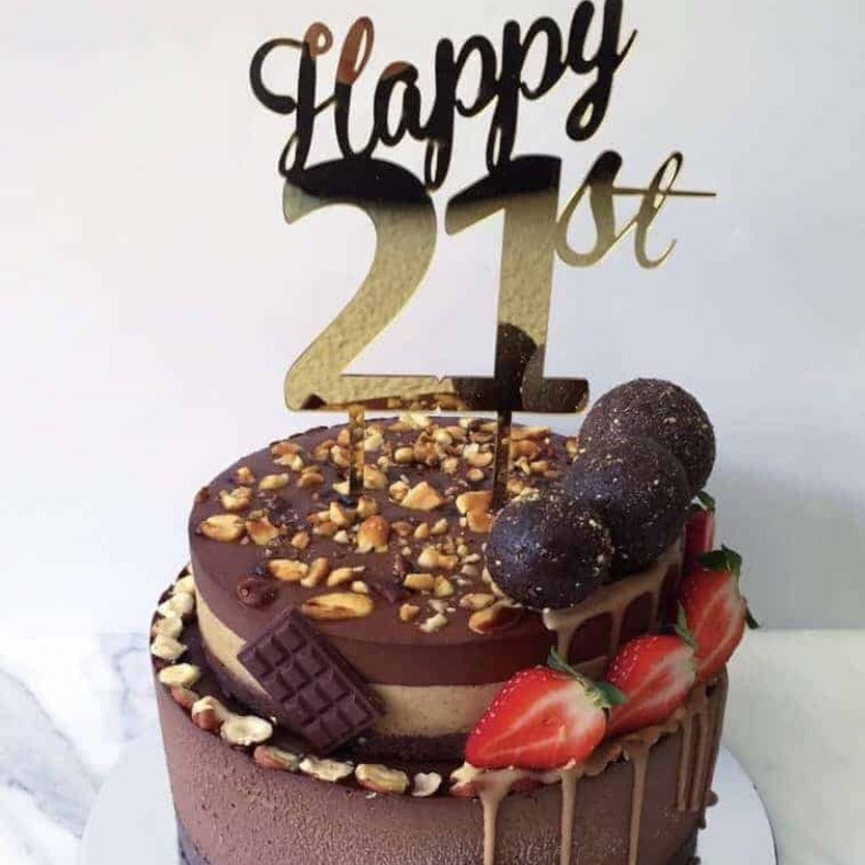 Happy 21st Birthday Cake Topper Acrylic Gold Mirror
