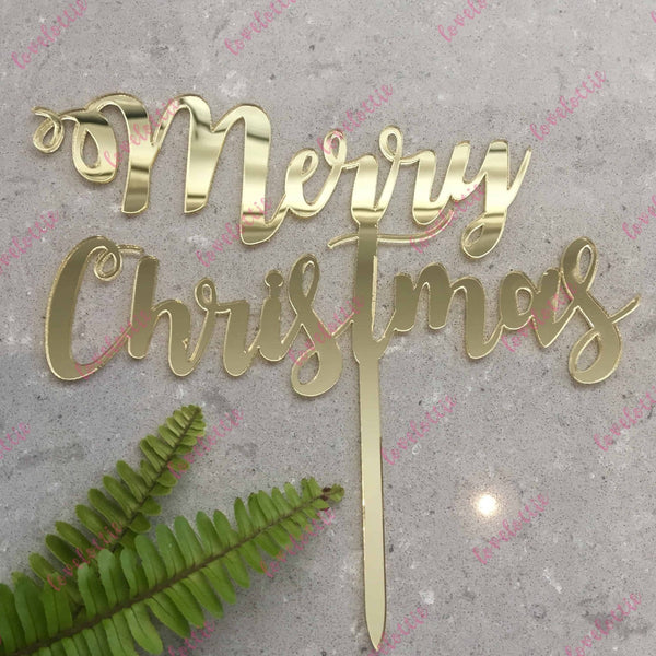 Curly Merry Christmas Cake Topper Acrylic Gold Mirror
