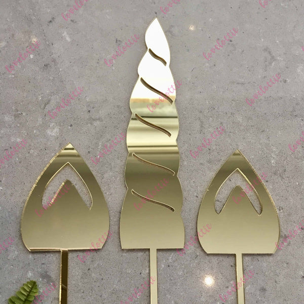 Unicorn Horn Ears Set Acrylic Gold Mirror Birthday Party Cake Topper