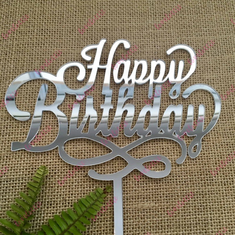 Happy Birthday Swirl Acrylic Silver Mirror Birthday Party Cake Topper