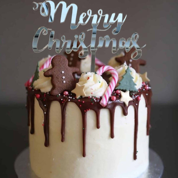 Curly Merry Christmas Cake Topper Acrylic Silver Mirror