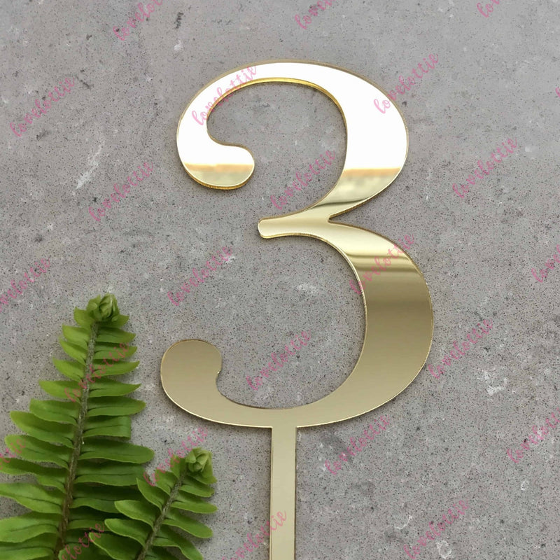 Number 3 Acrylic Gold Mirror Birthday Cake Topper