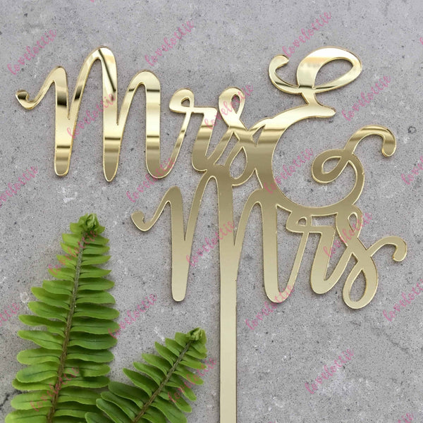 Mrs &amp; Mrs Lesbian Acrylic Gold Mirror Wedding Cake Topper