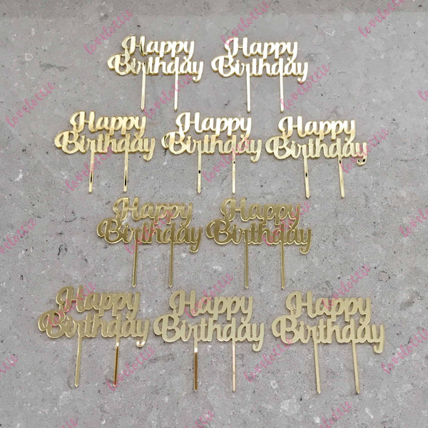 10 x Happy Birthday Acrylic Gold Mirror Cupcake Topper
