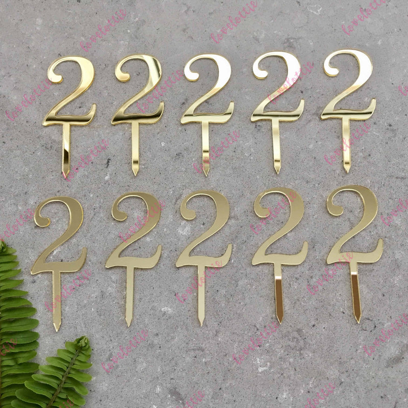 10 x Number 2 Birthday Acrylic Gold Mirror Cupcake Topper