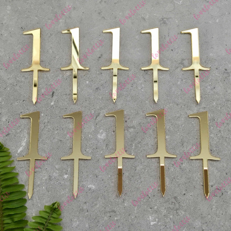 10 x Number 1 Birthday Acrylic Gold Mirror Cupcake Topper