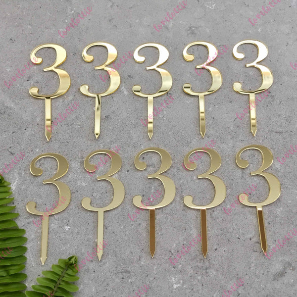 10 x Number 3 Birthday Acrylic Gold Mirror Cupcake Topper