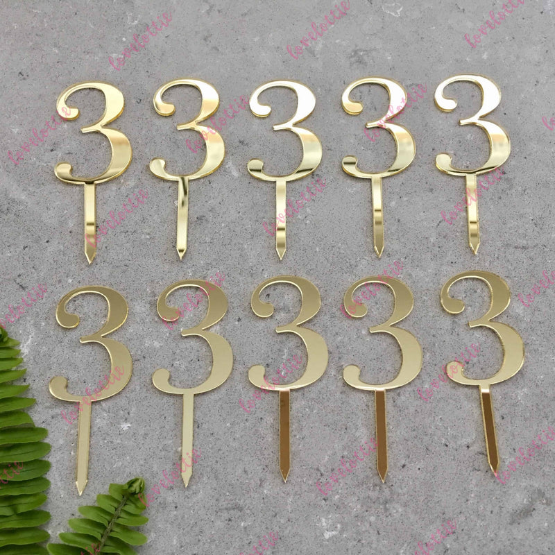 10 x Number 3 Birthday Acrylic Gold Mirror Cupcake Topper