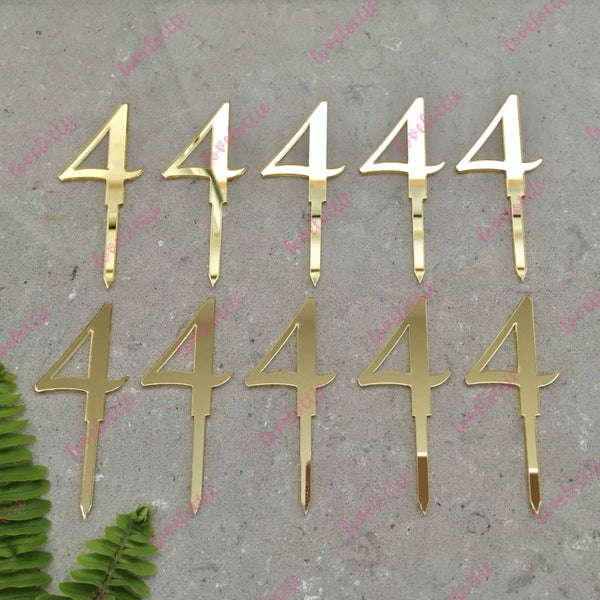 10 x Number 4 Birthday Acrylic Gold Mirror Cupcake Topper
