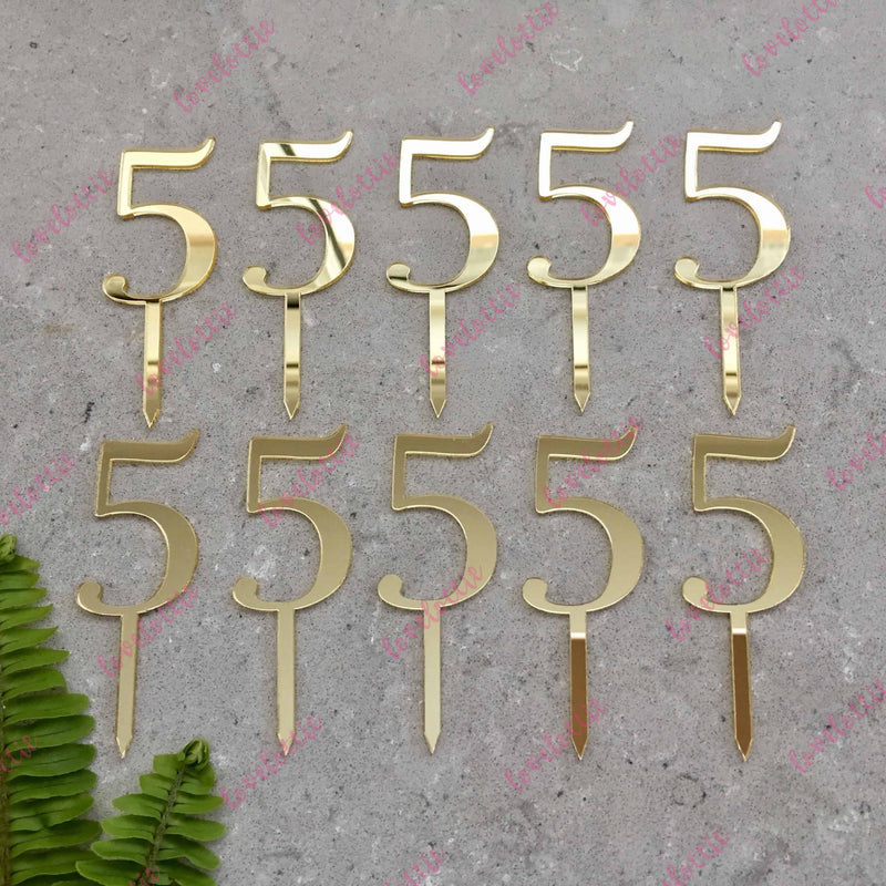 10 x Number 5 Birthday Acrylic Gold Mirror Cupcake Topper
