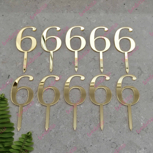 10 x Number 6 Birthday Acrylic Gold Mirror Cupcake Topper