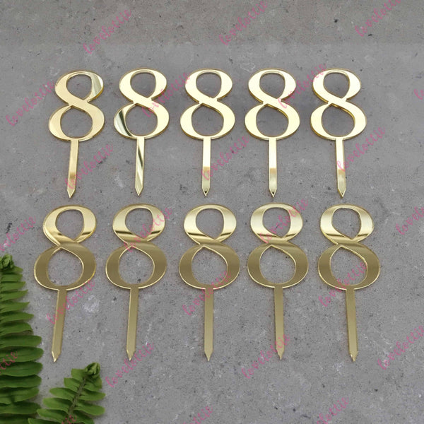 10 x Number 8 Birthday Acrylic Gold Mirror Cupcake Topper