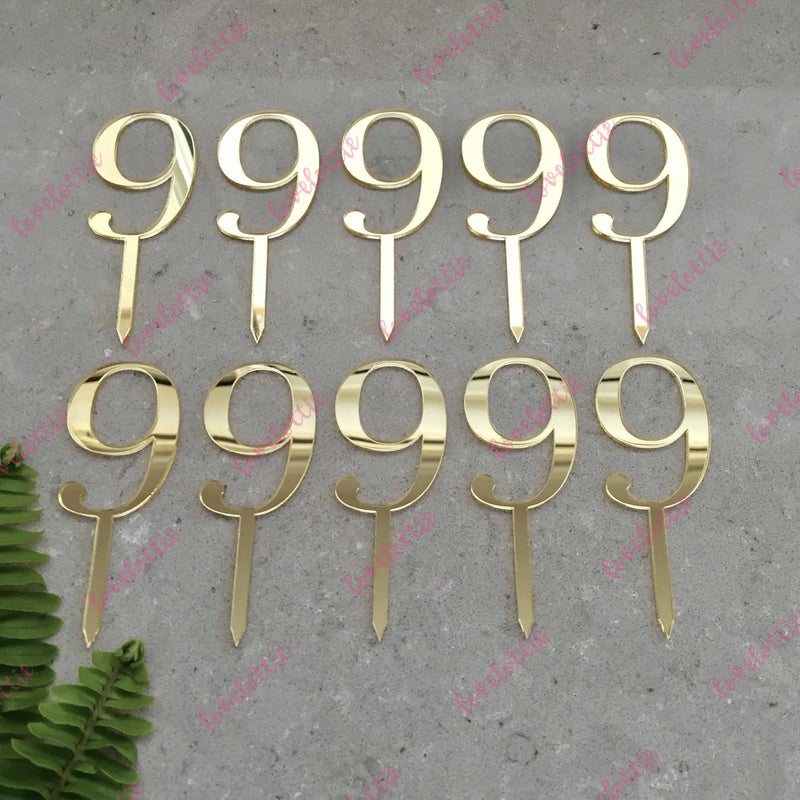 10 x Number 9 Birthday Acrylic Gold Mirror Cupcake Topper