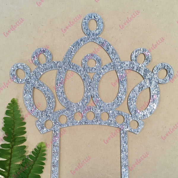 Princess Tiara Crown Silver Glitter Acrylic Brithday Cake Topper