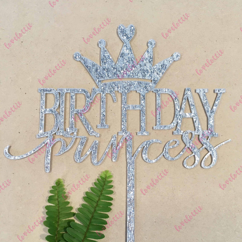 Birthday Princess Silver Glitter Acrylic Brithday Cake Topper