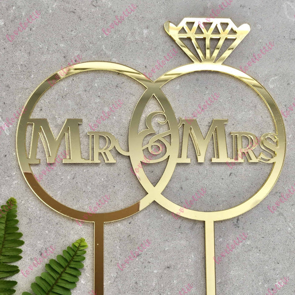 Mr &amp; Mrs Wedding Rings Gold Mirror Acrylic Cake Topper