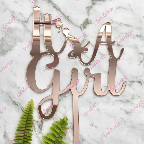 It's A Girl Acrylic Rose Gold Mirror Baby Shower Cake Topper