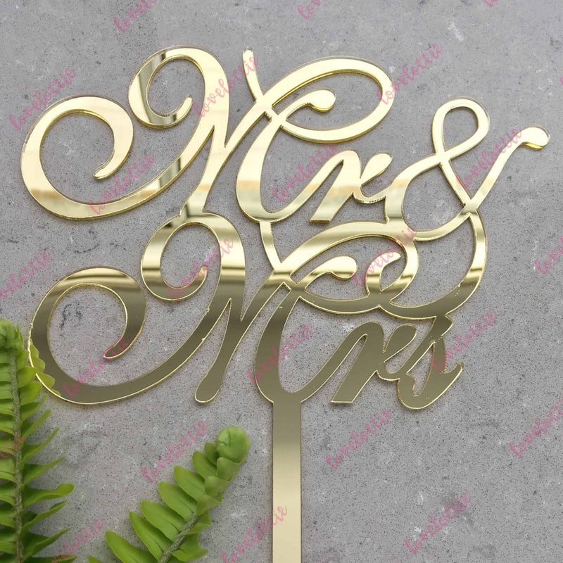 Mr &amp; Mrs Script Acrylic Gold Mirror Wedding Cake Topper