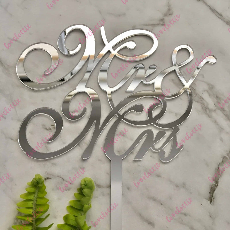 Mr &amp; Mrs Script Acrylic Silver Mirror Wedding Cake Topper