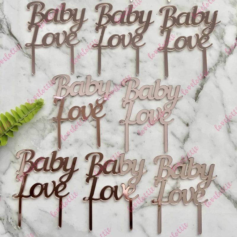Baby Love Cupcake Toppers x 10 Acrylic Rose Gold Mirror