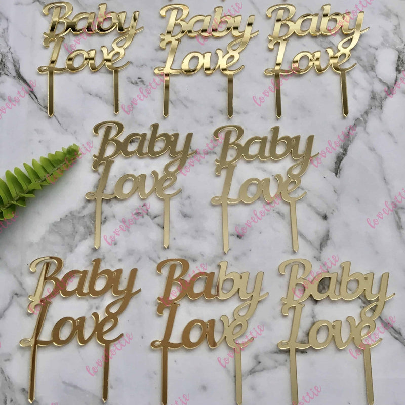 Baby Love Cupcake Toppers x 10 Acrylic Gold Mirror