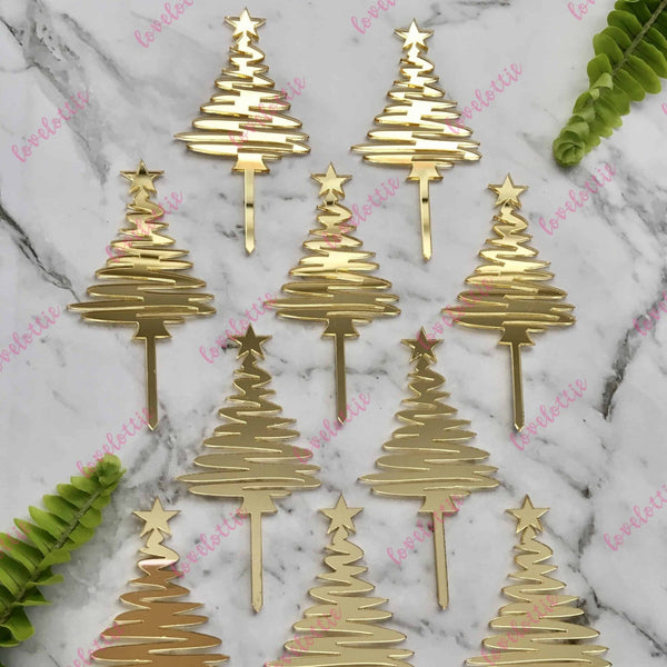 Christmas Tree Cupcake Toppers x 10 Acrylic Gold Mirror