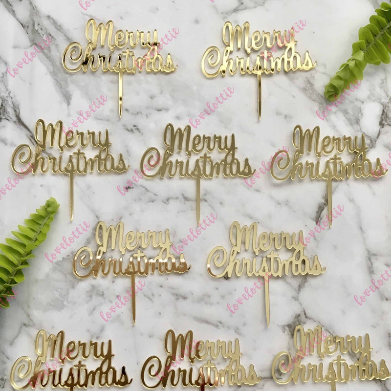 Merry Christmas Cupcake Toppers x 10 Gold Mirror