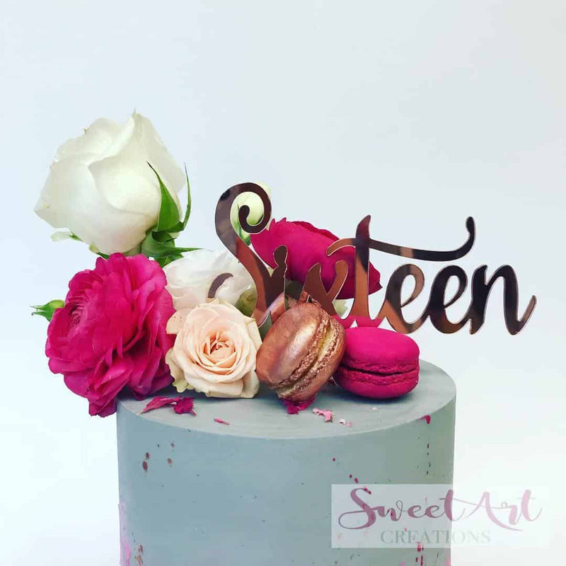 Sixteen Acrylic Rose Gold Mirror 16th Birthday Cake Topper