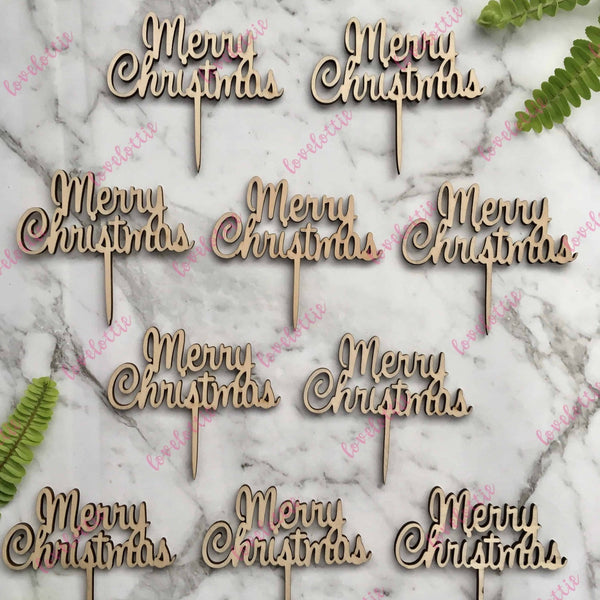 Script Merry Christmas Cupcake Toppers x 10 Rustic Wood