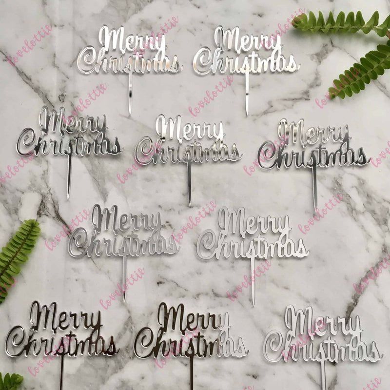 Merry Christmas Cupcake Toppers x 10 Silver Mirror