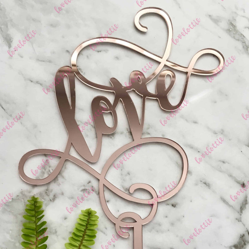 Love (swirl) Acrylic Rose Gold Mirror Engagement Wedding Cake Topper