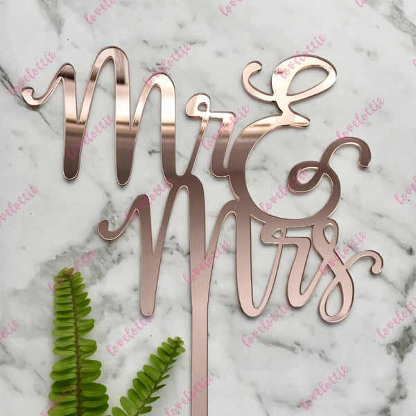 Mr &amp; Mrs (two lines) Acrylic Rose Gold Mirror Wedding Cake Topper