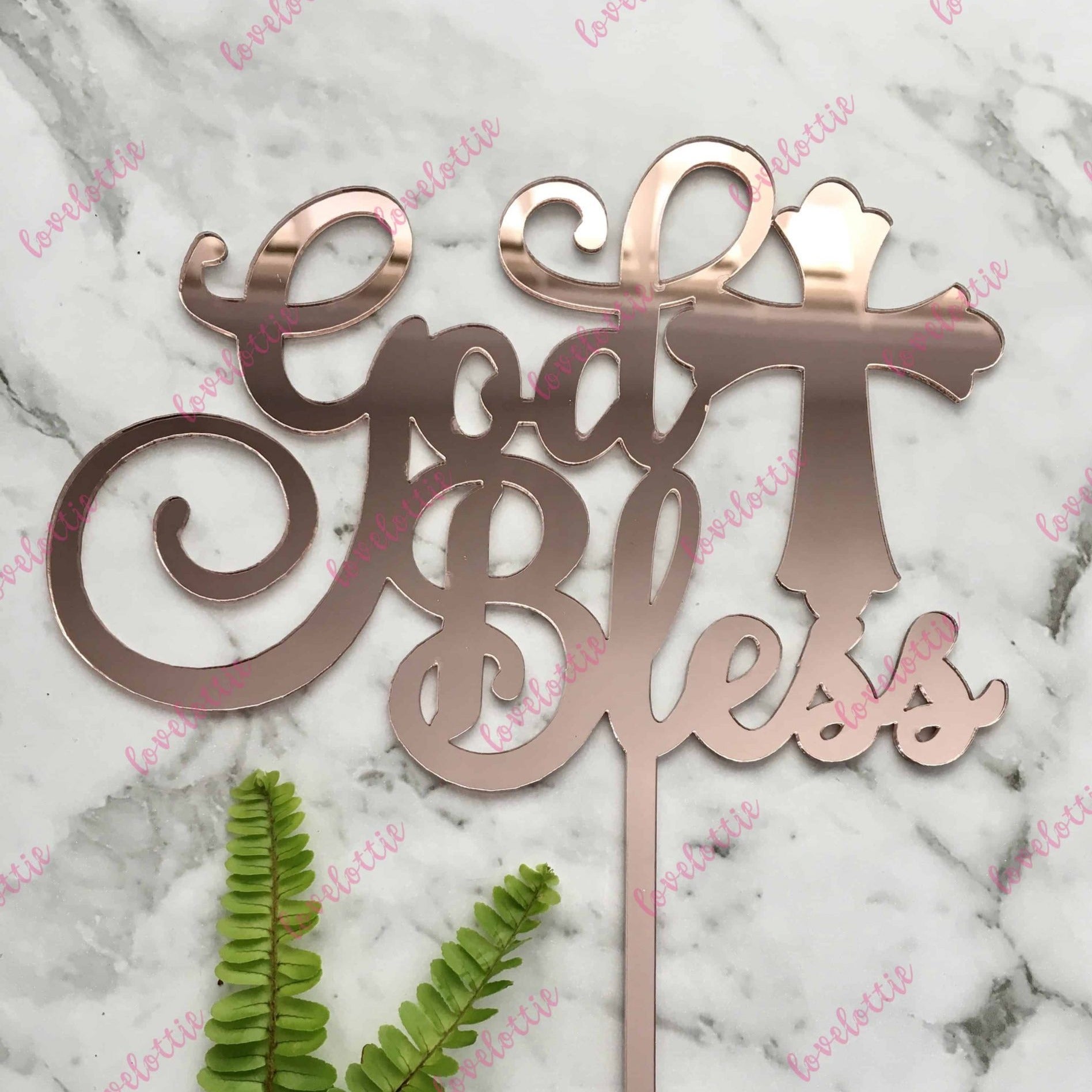 God Bless Acrylic Rose Gold Mirror Christening Baptism Communion Cake Topper