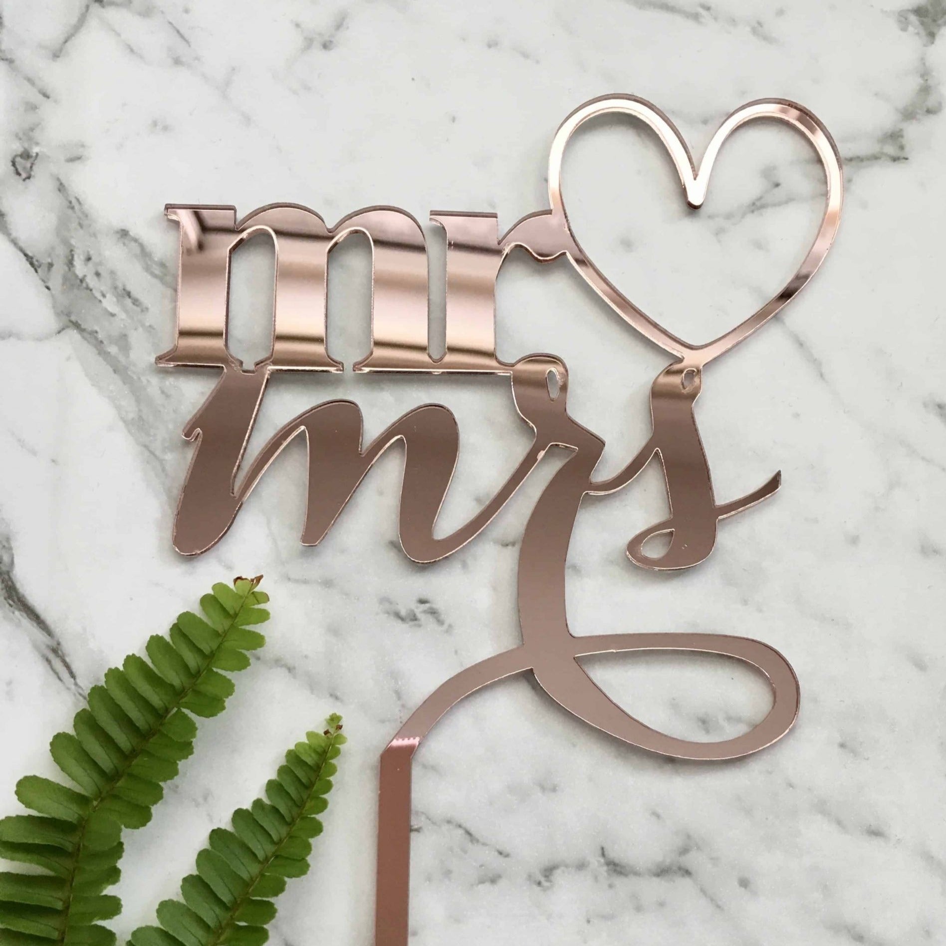 Mr &amp; Mrs Heart Acrylic Rose Gold Mirror Wedding Cake Topper