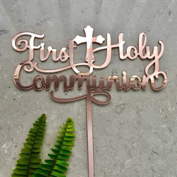 First Holy Communion Acrylic Rose Gold Mirror Cake Topper